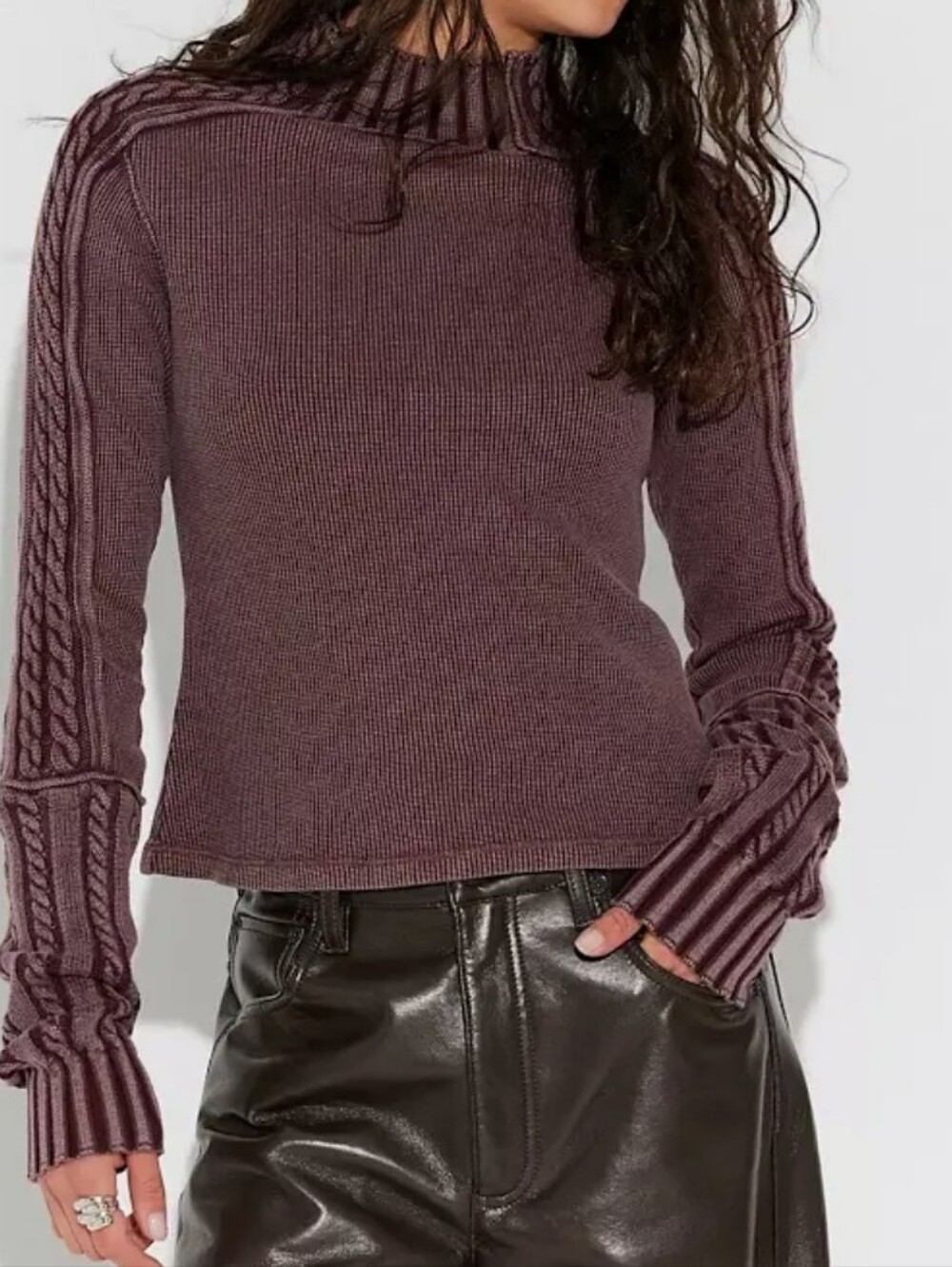 Free People Brezzy Swift Top Cable-Sleeve Turtleneck Sweater in Vintage Grape